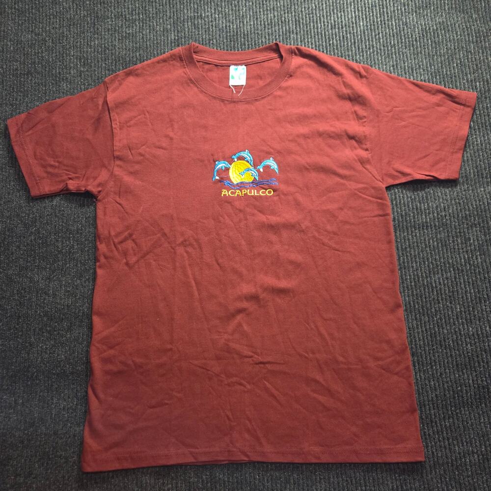 VTG Acapulco Tourist T-shirt Burgundy Embroidered Dolphins 100% Cotton Large